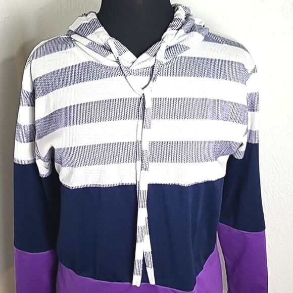 Purple, Navy with White Stripe Hoodie Top, Size Medium - Picture 2 of 7